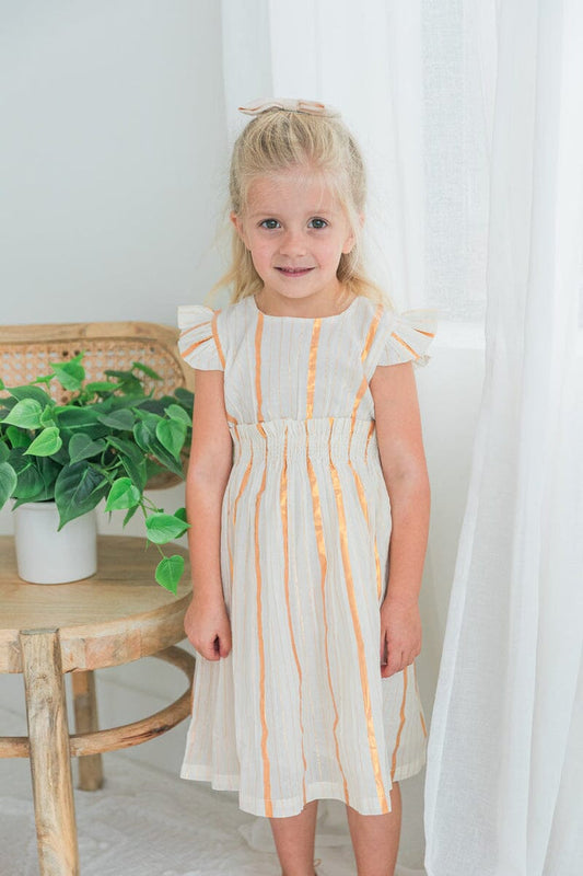 Off-White Gold Color Lurex Sleeve Ruffle Gathered Dress dress & diaper cover, DRESS Yo Baby India