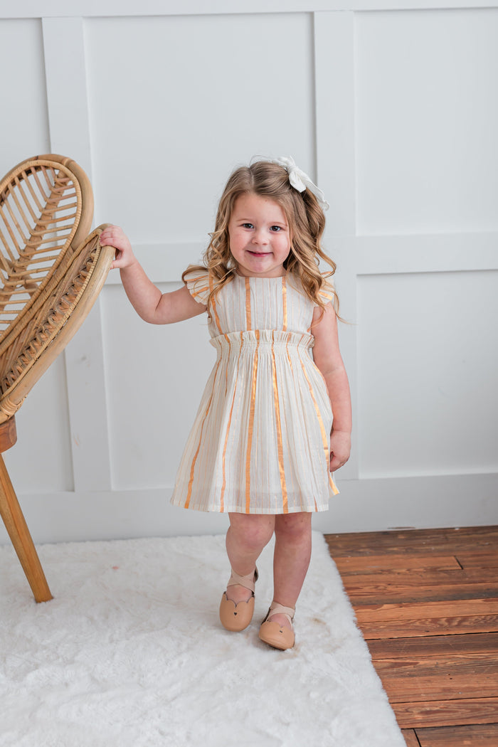 Off-White Gold Color Lurex Sleeve Ruffle Gathered Dress dress & diaper cover, DRESS Yo Baby India