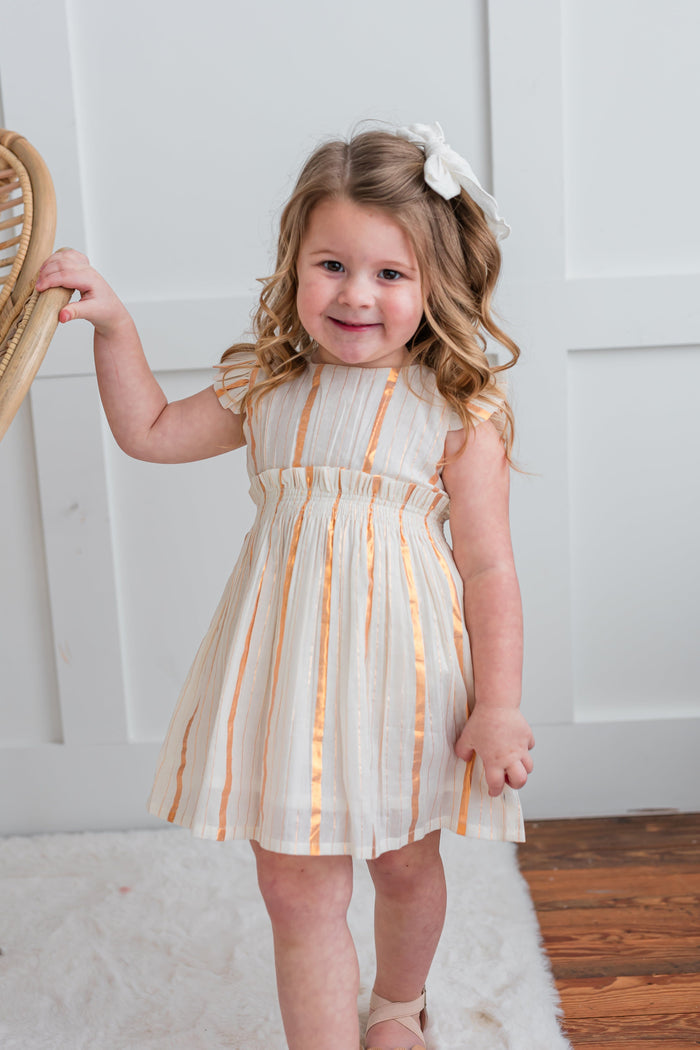 Off-White Gold Color Lurex Sleeve Ruffle Gathered Dress dress & diaper cover, DRESS Yo Baby India