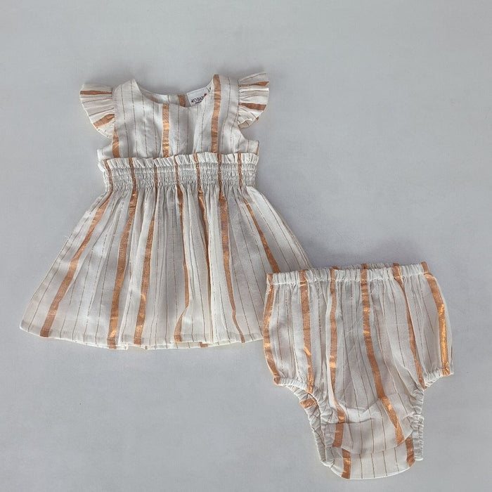 Off-White Gold Color Lurex Sleeve Ruffle Gathered Dress dress & diaper cover, DRESS Yo Baby India