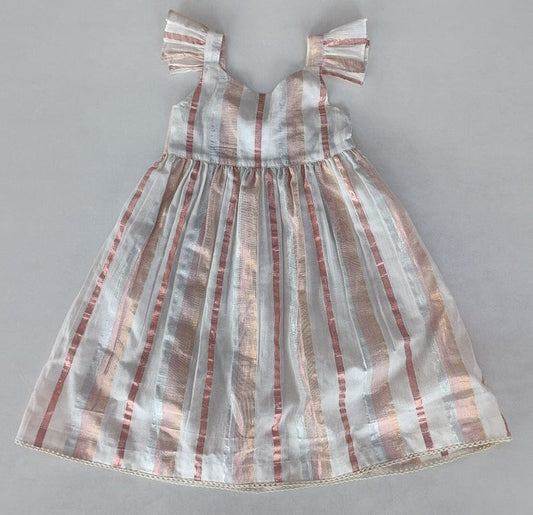 Off-White Multi Color Lurex Sleeve Ruffle Gathered Dress Dress Yo Baby India
