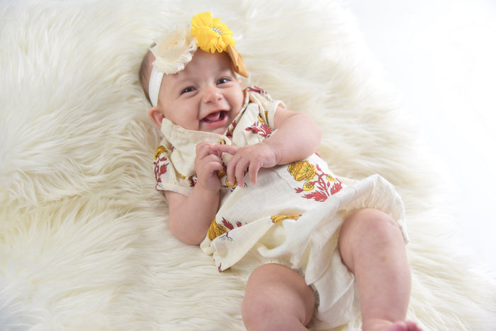 Off-White Printed Dress with Yoke Detail and Chinese Collar Infant Dress Dress Yo Baby Wholesale