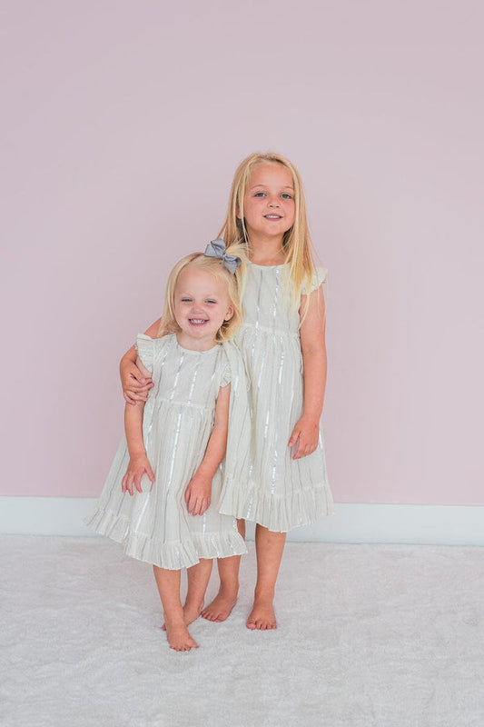Off-White Silver Color Lurex Sleeve & Bottom Ruffled Gathered Dress Yo Baby India