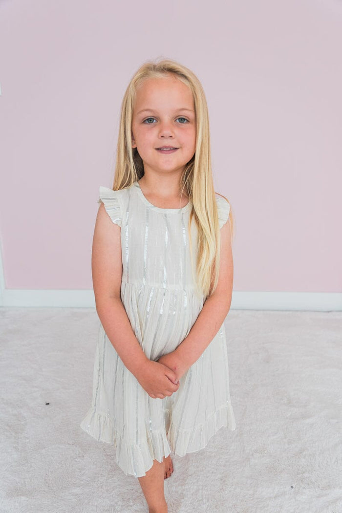 Off-White Silver Color Lurex Sleeve & Bottom Ruffled Gathered Dress Yo Baby India
