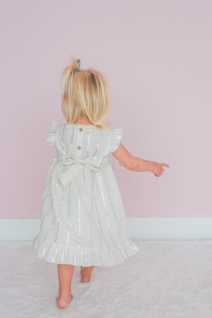 Off-White Silver Color Lurex Sleeve & Bottom Ruffled Gathered Dress Yo Baby India