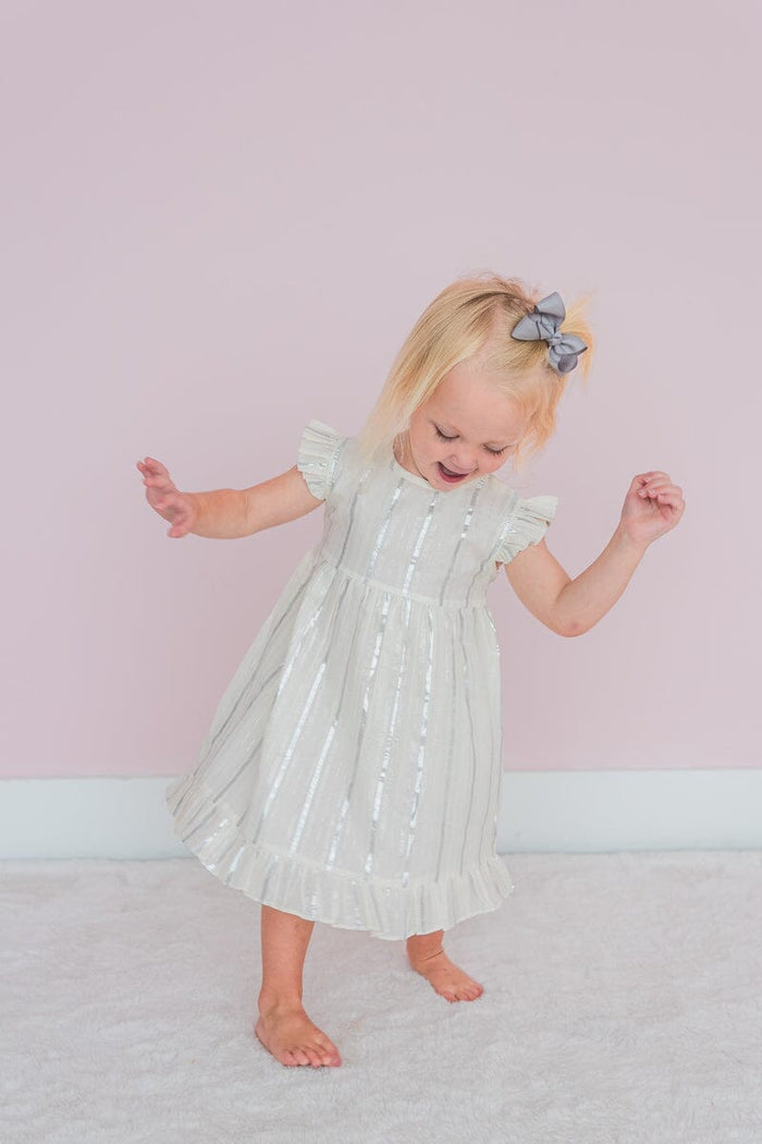 Off-White Silver Color Lurex Sleeve & Bottom Ruffled Gathered Dress Yo Baby India