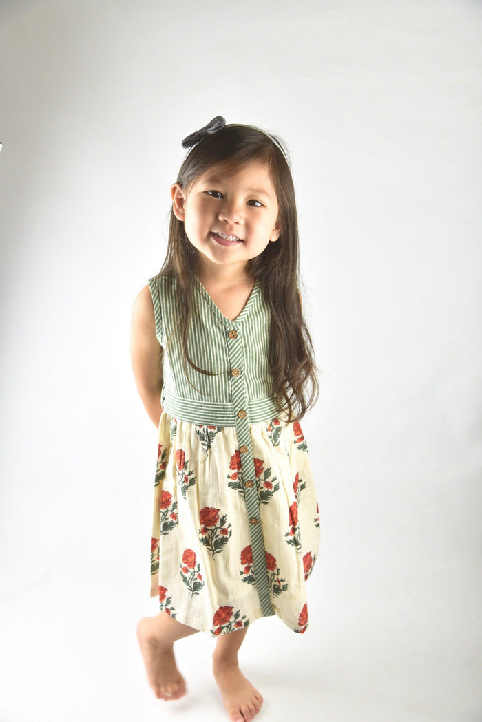 Off-white with Red Orange Floral Print and Green Pinstripe Belted Dress Dress Yo Baby Wholesale