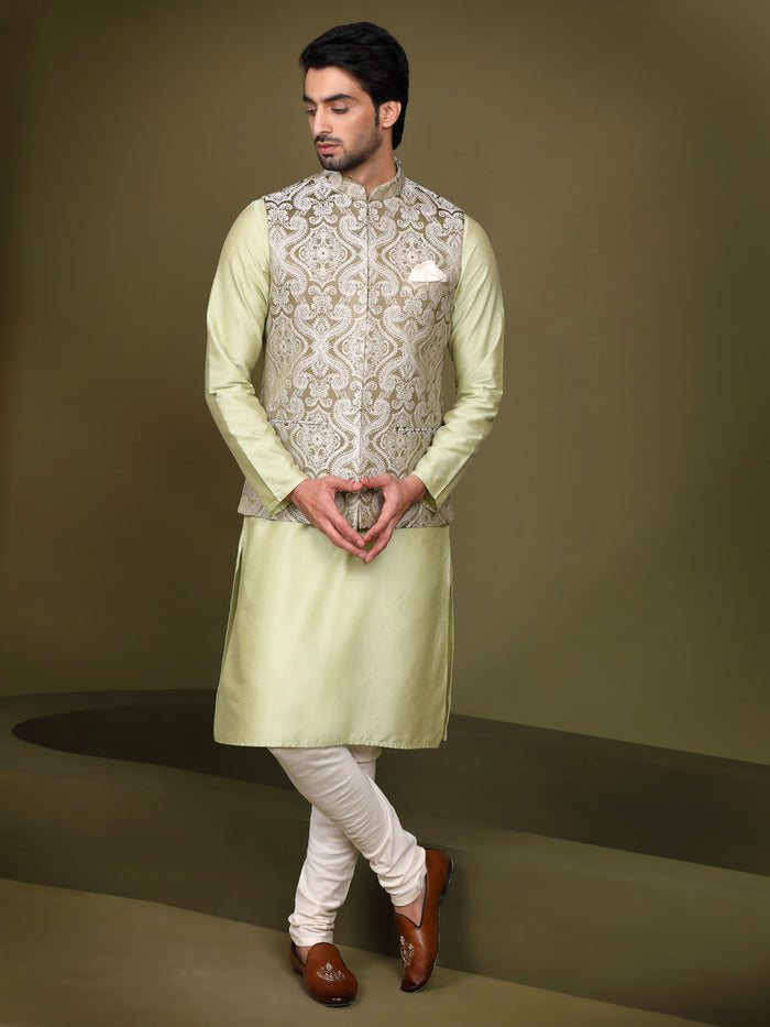 Olive Green Embroidered Jacket Kurta Churidar Set
