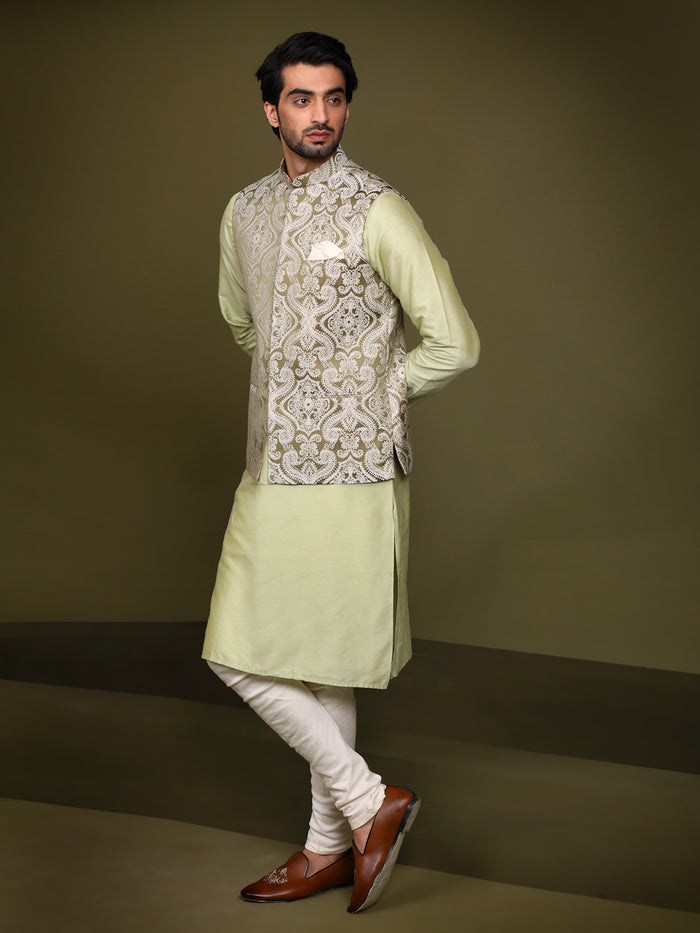 Olive Green Embroidered Jacket Kurta Churidar Set