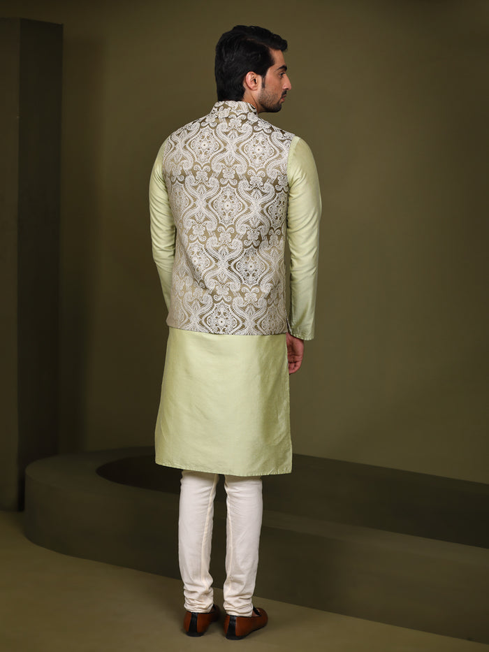 Olive Green Embroidered Jacket Kurta Churidar Set