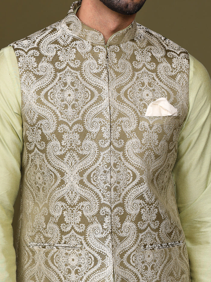 Olive Green Embroidered Jacket Kurta Churidar Set