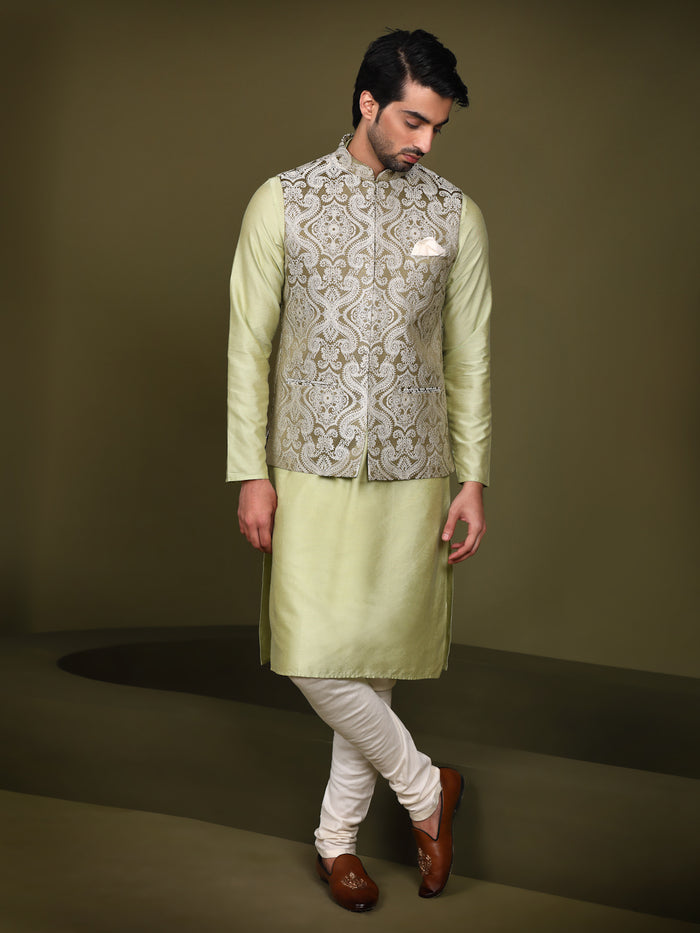 Olive Green Embroidered Jacket Kurta Churidar Set