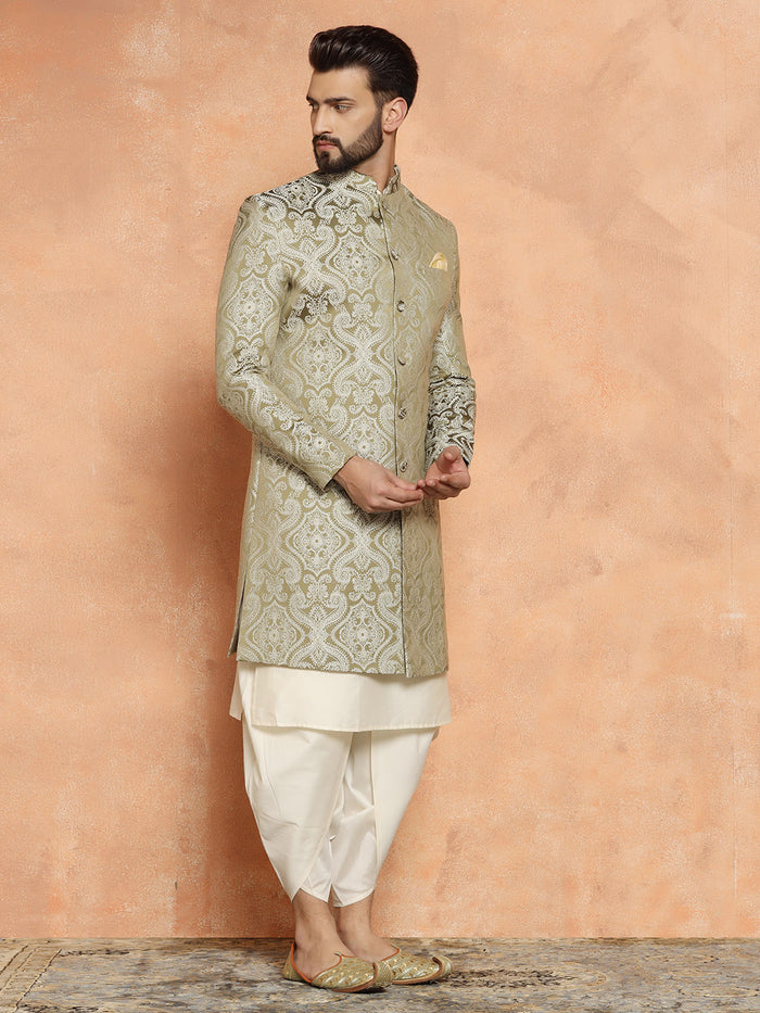 Olive Green Silk Blend Kurta Set with White Jacquard Indo-Western Jacket and Dhoti Pants â€“ Wedding & Reception Ensemble
