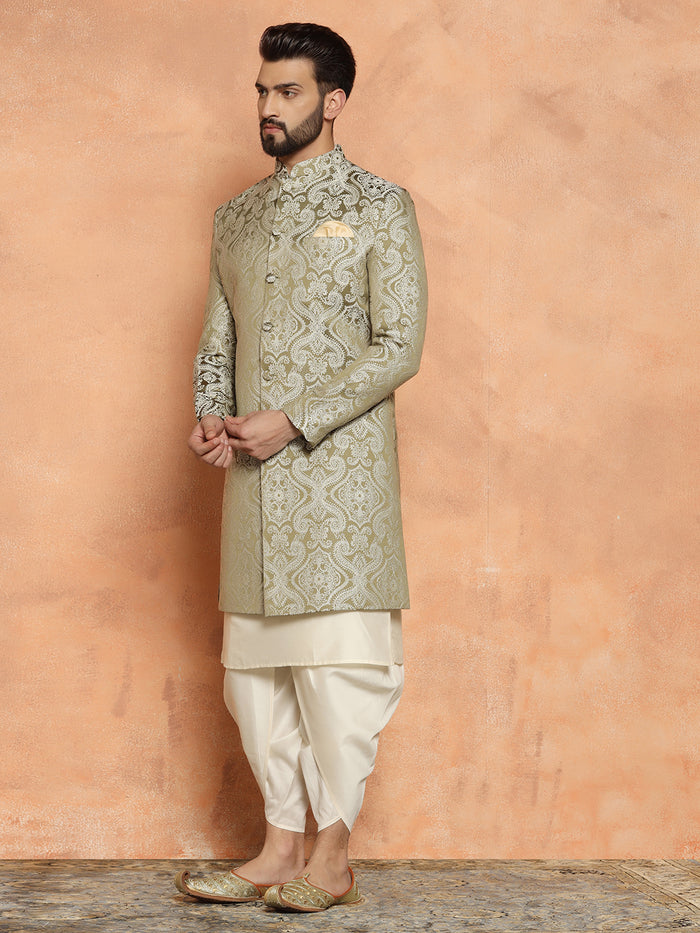 Olive Green Silk Blend Kurta Set with White Jacquard Indo-Western Jacket and Dhoti Pants â€“ Wedding & Reception Ensemble