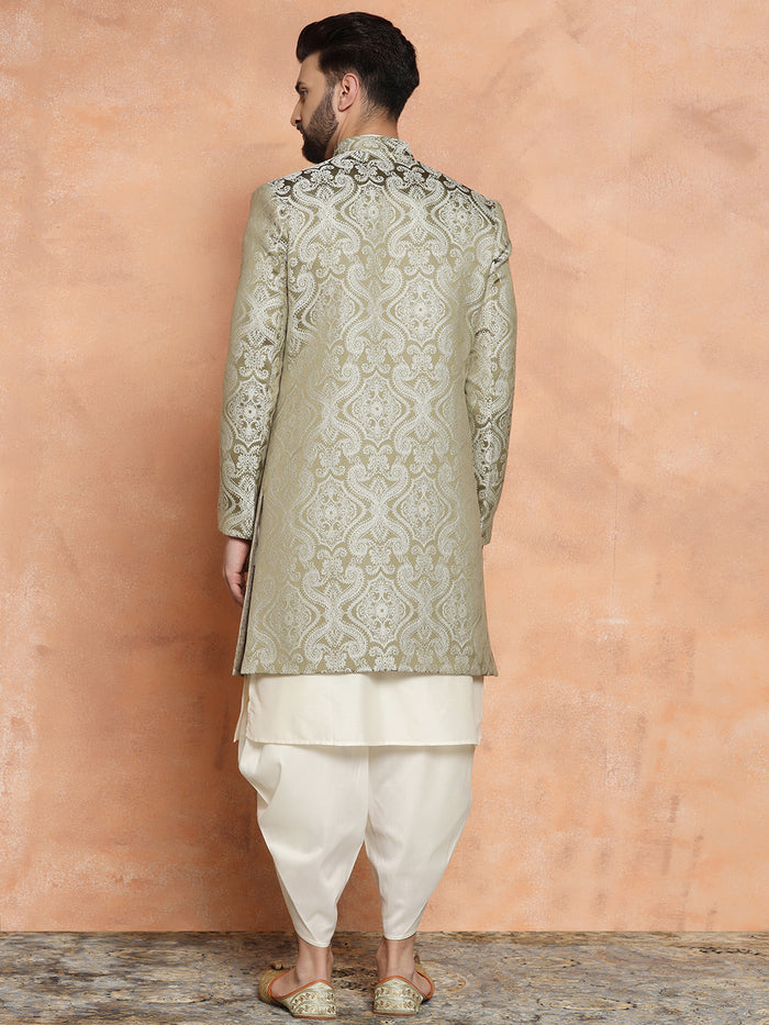 Olive Green Silk Blend Kurta Set with White Jacquard Indo-Western Jacket and Dhoti Pants â€“ Wedding & Reception Ensemble