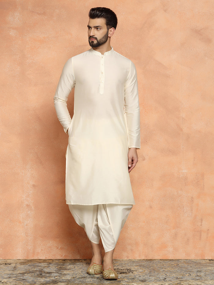 Olive Green Silk Blend Kurta Set with White Jacquard Indo-Western Jacket and Dhoti Pants â€“ Wedding & Reception Ensemble