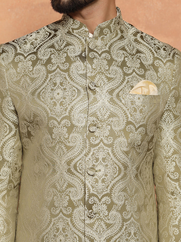 Olive Green Silk Blend Kurta Set with White Jacquard Indo-Western Jacket and Dhoti Pants â€“ Wedding & Reception Ensemble
