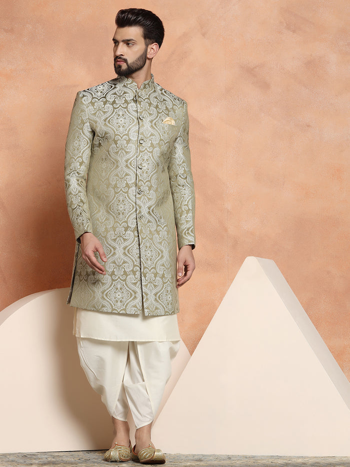 Olive Green Silk Blend Kurta Set with White Jacquard Indo-Western Jacket and Dhoti Pants â€“ Wedding & Reception Ensemble