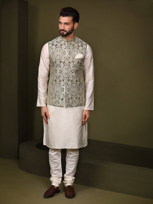 Olive Green Silk Woven Nehru Jacket Kurta Churidar