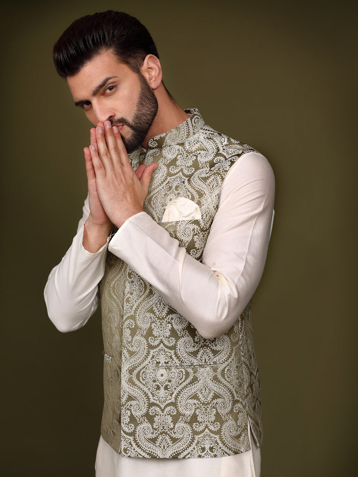 Olive Green Silk Woven Nehru Jacket Kurta Churidar