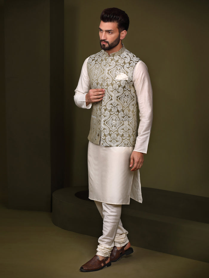 Olive Green Silk Woven Nehru Jacket Kurta Churidar