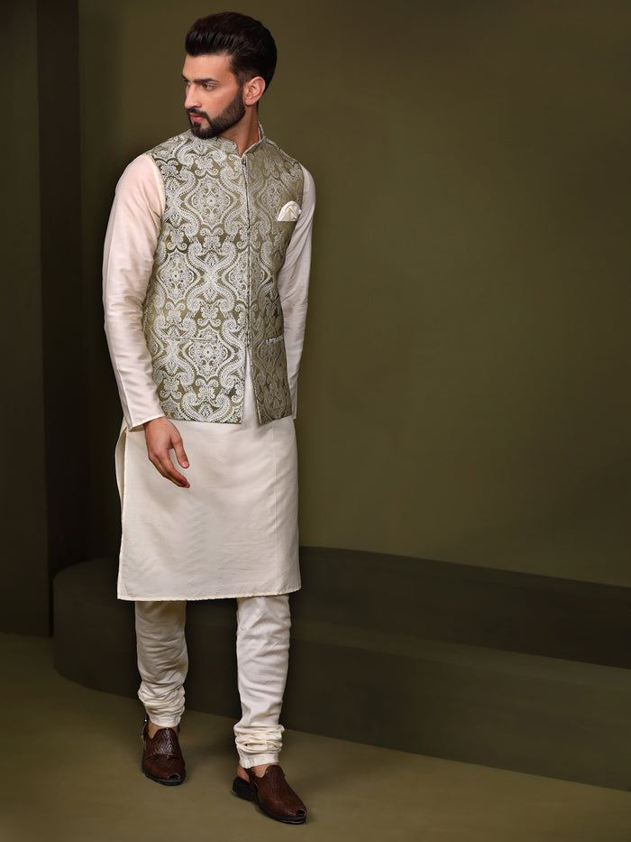 Olive Green Silk Woven Nehru Jacket Kurta Churidar