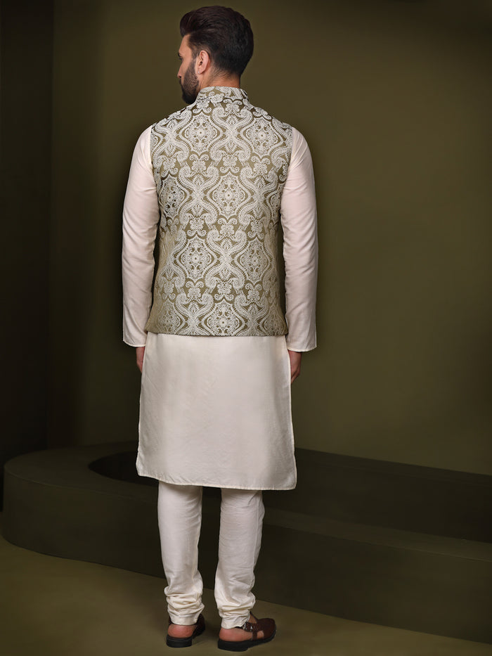 Olive Green Silk Woven Nehru Jacket Kurta Churidar