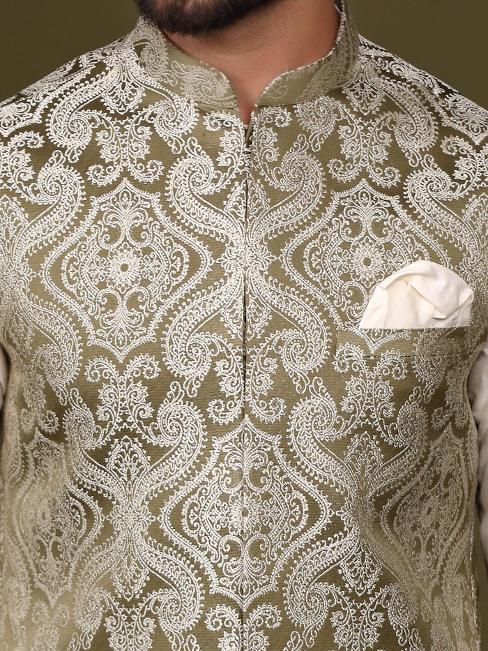 Olive Green Silk Woven Nehru Jacket Kurta Churidar