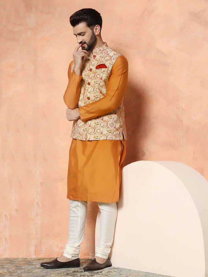 Orange Cotton Blend Printed Jacket Kurta Churidar
