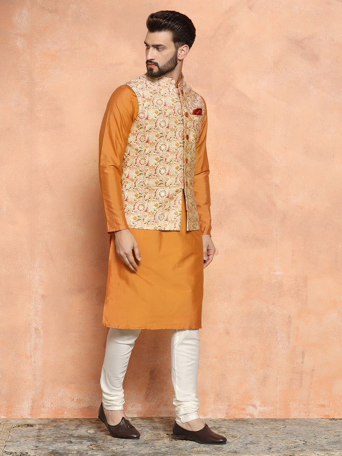 Orange Cotton Blend Printed Jacket Kurta Churidar