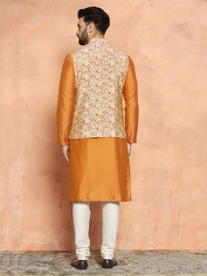 Orange Cotton Blend Printed Jacket Kurta Churidar