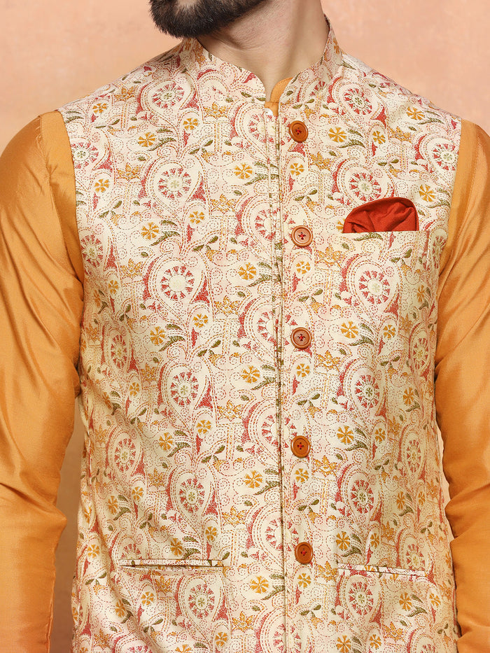 Orange Cotton Blend Printed Jacket Kurta Churidar