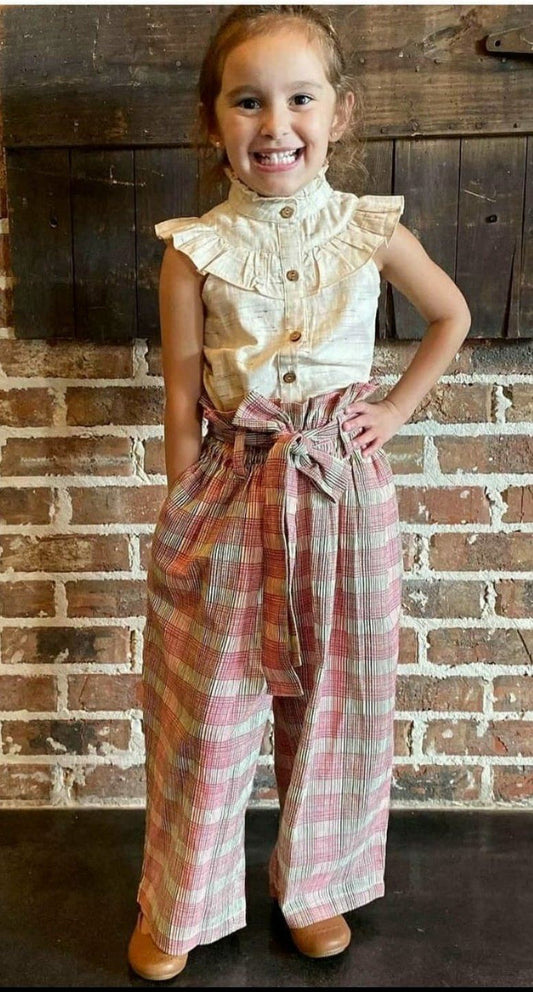 Pale Yellow Frill Top and Gingham Paper Bag Pants 2pc. Set Dress Yo Baby Wholesale