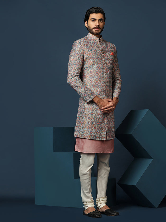 Pastel Cotton Silk Printed Sherwani Kurta Churidar Set