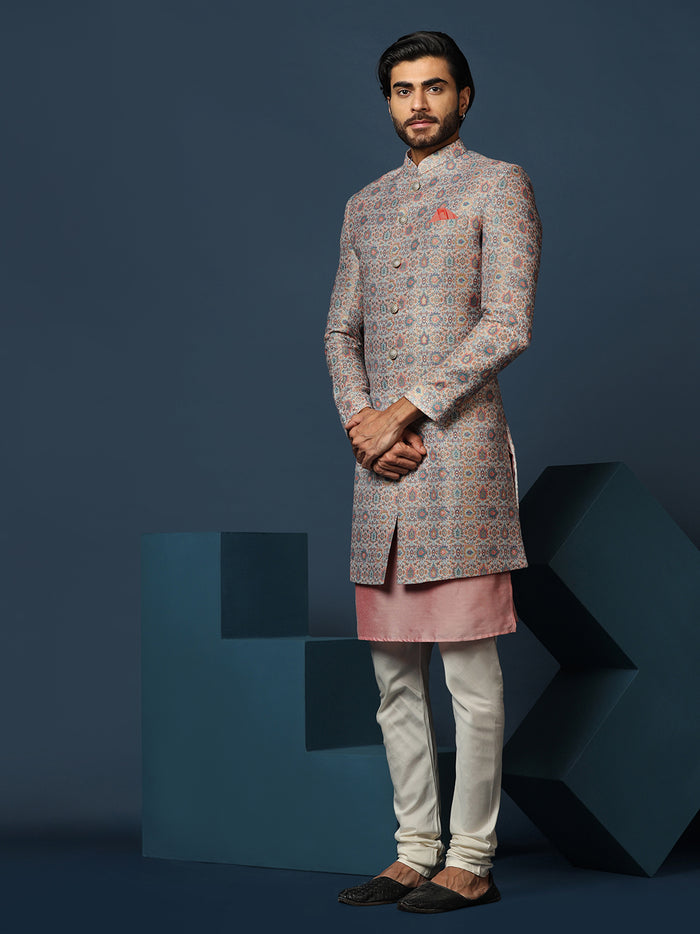 Pastel Cotton Silk Printed Sherwani Kurta Churidar Set