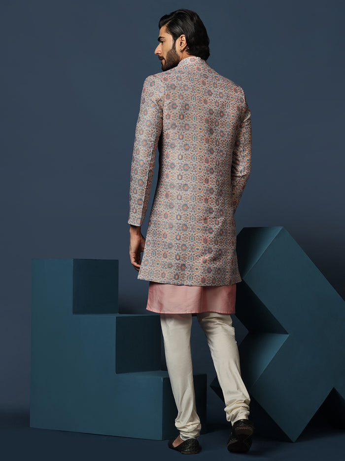Pastel Cotton Silk Printed Sherwani Kurta Churidar Set