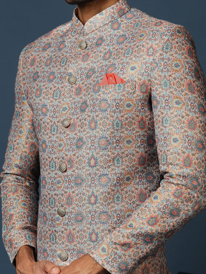 Pastel Cotton Silk Printed Sherwani Kurta Churidar Set
