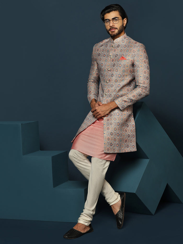 Pastel Cotton Silk Printed Sherwani Kurta Churidar Set