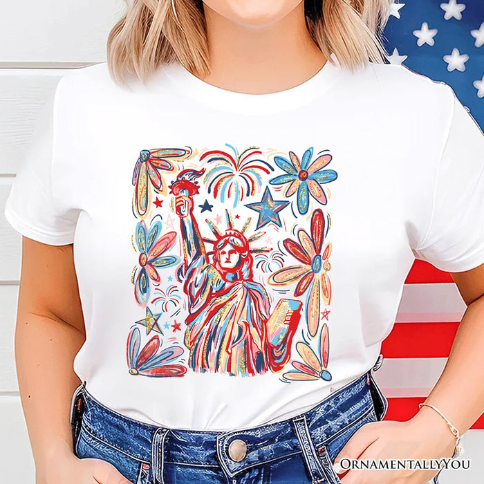 Patriotic Statue of Liberty and Fireworks T-Shirt, Festive 4th of July Tee T-Shirts OrnamentallyYou