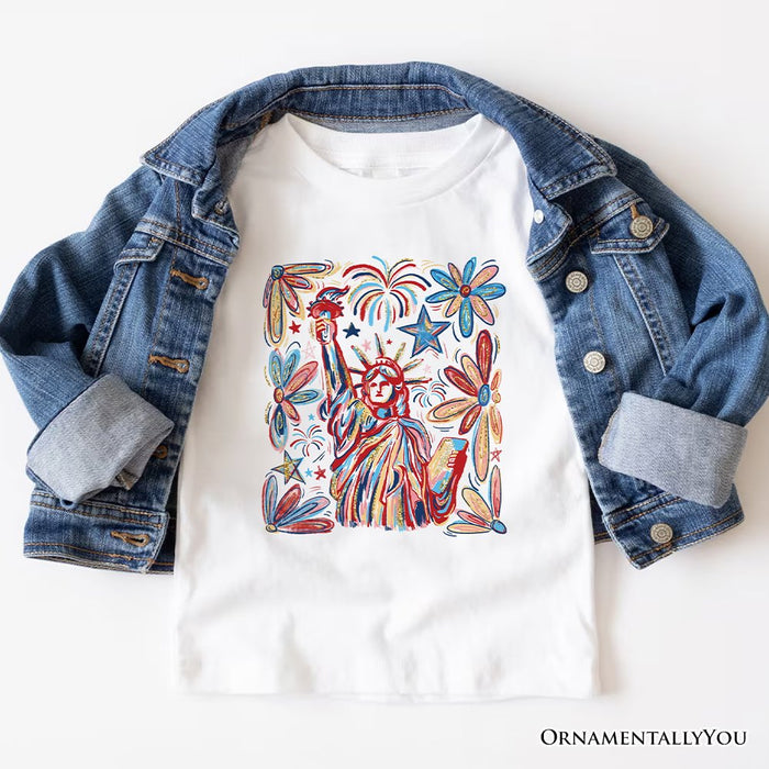 Patriotic Statue of Liberty and Fireworks T-Shirt, Festive 4th of July Tee T-Shirts OrnamentallyYou White XS