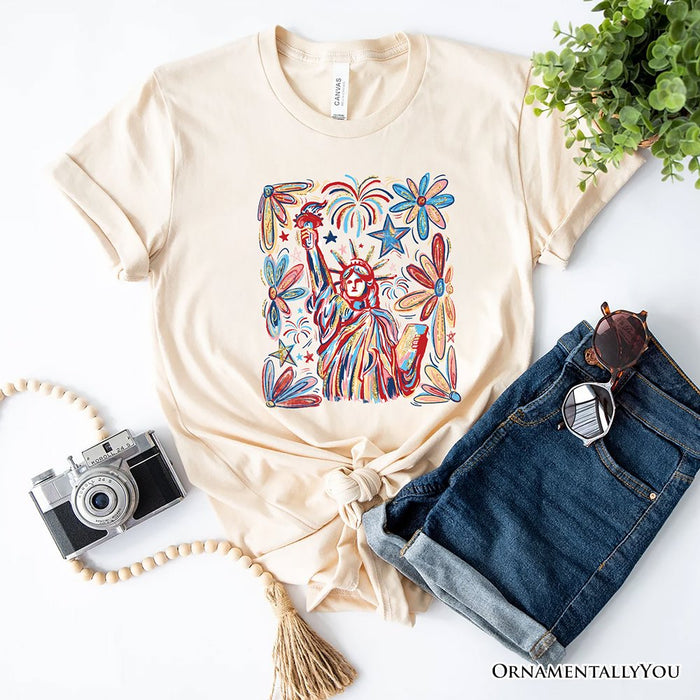 Patriotic Statue of Liberty and Fireworks T-Shirt, Festive 4th of July Tee T-Shirts OrnamentallyYou Natural XS