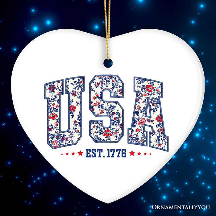 Patriotic USA Floral Ornament, 1776 Independence Day Christmas Gift and Tree Decor Ceramic Ornament OrnamentallyYou Heart