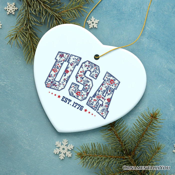 Patriotic USA Floral Ornament, 1776 Independence Day Christmas Gift and Tree Decor Ceramic Ornament OrnamentallyYou