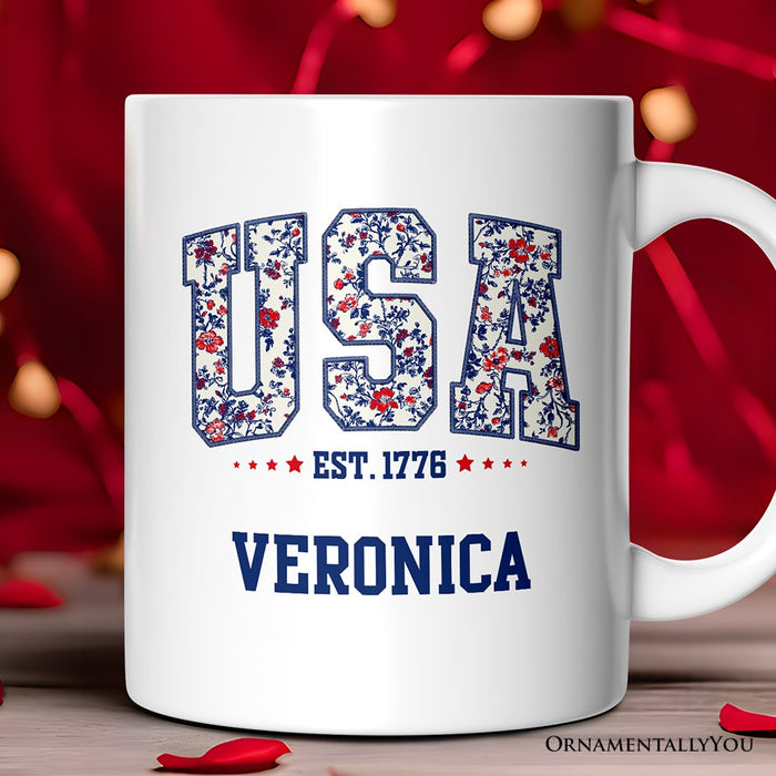 Patriotic USA Floral Personalized Mug, 1776 Independence Day Gift with Custom Name Personalized Ceramic Mug OrnamentallyYou Customized
