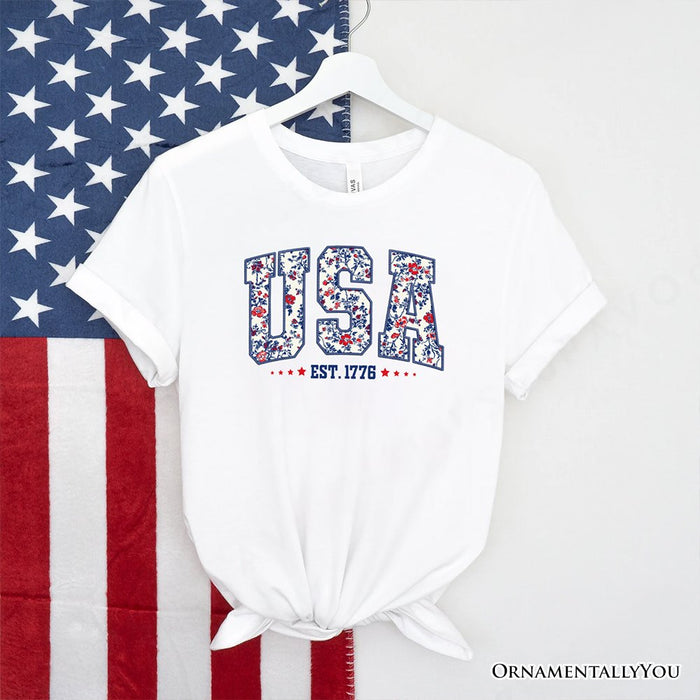 Patriotic USA Floral T-Shirt, 1776 Independence Day Tee T-Shirts OrnamentallyYou White XS