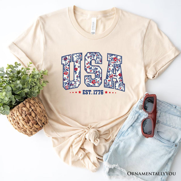 Patriotic USA Floral T-Shirt, 1776 Independence Day Tee T-Shirts OrnamentallyYou Natural XS