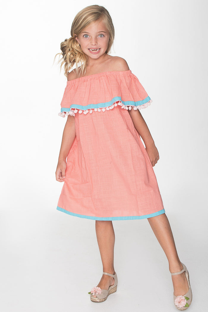 Peach and Blue Off-Shoulder Dress Dress Yo Baby Wholesale