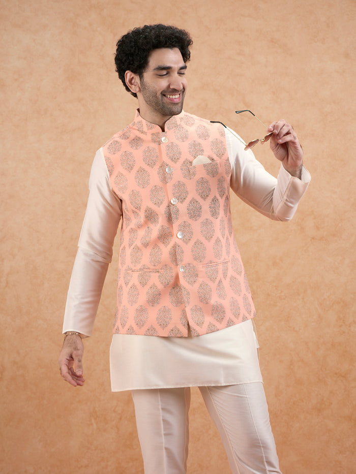 Peach Nehru Jacket with all over print