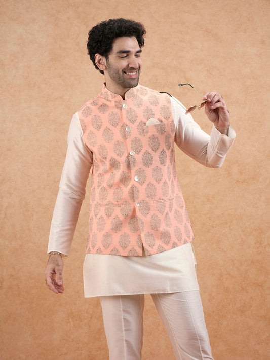 Peach Nehru Jacket with all over print