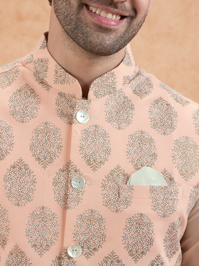Peach Nehru Jacket with all over print